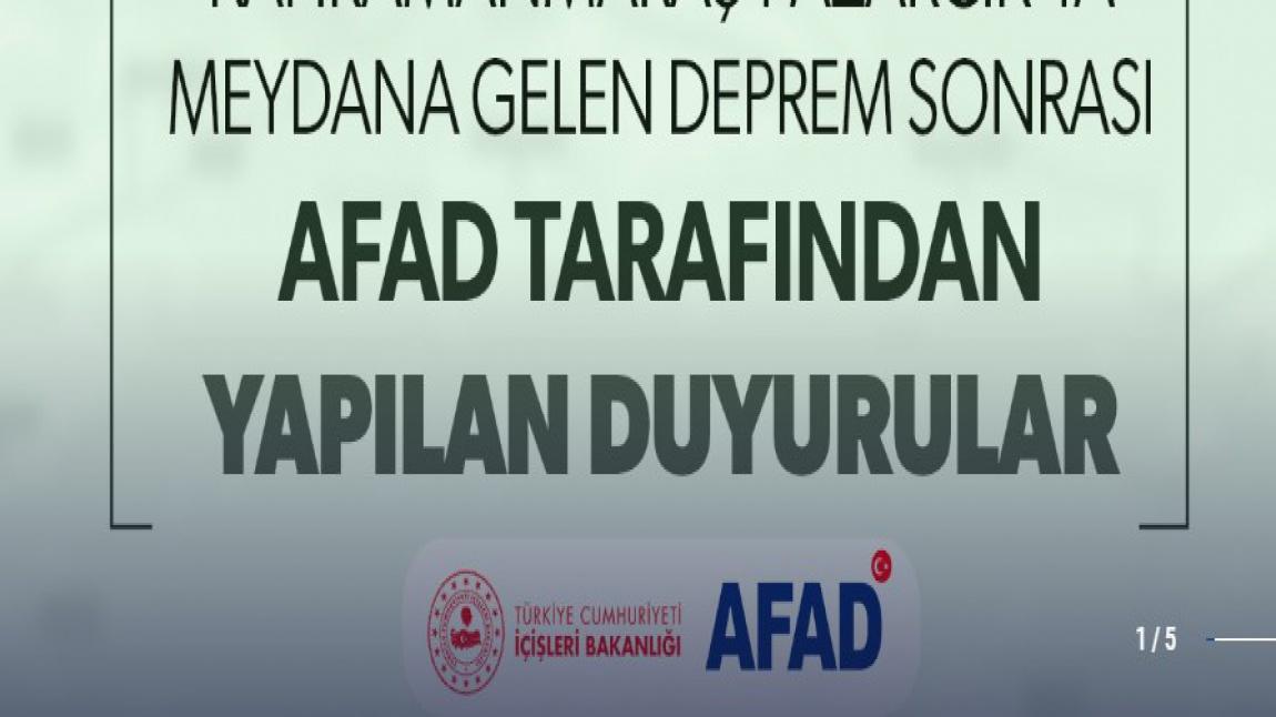 AFAD TARAFINDAN YAPILAN DUYURULAR